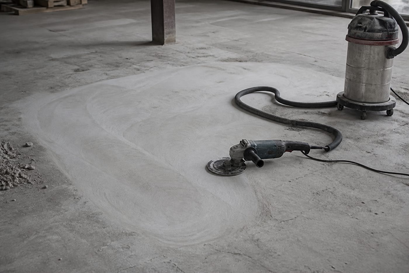 Angle grinder with diamond cup wheel on a partially ground concrete floor