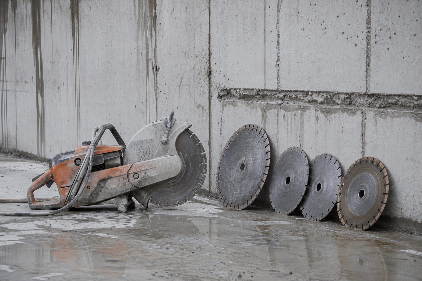 Concrete cutting job site with cut-off saw and diamond blades against a wall