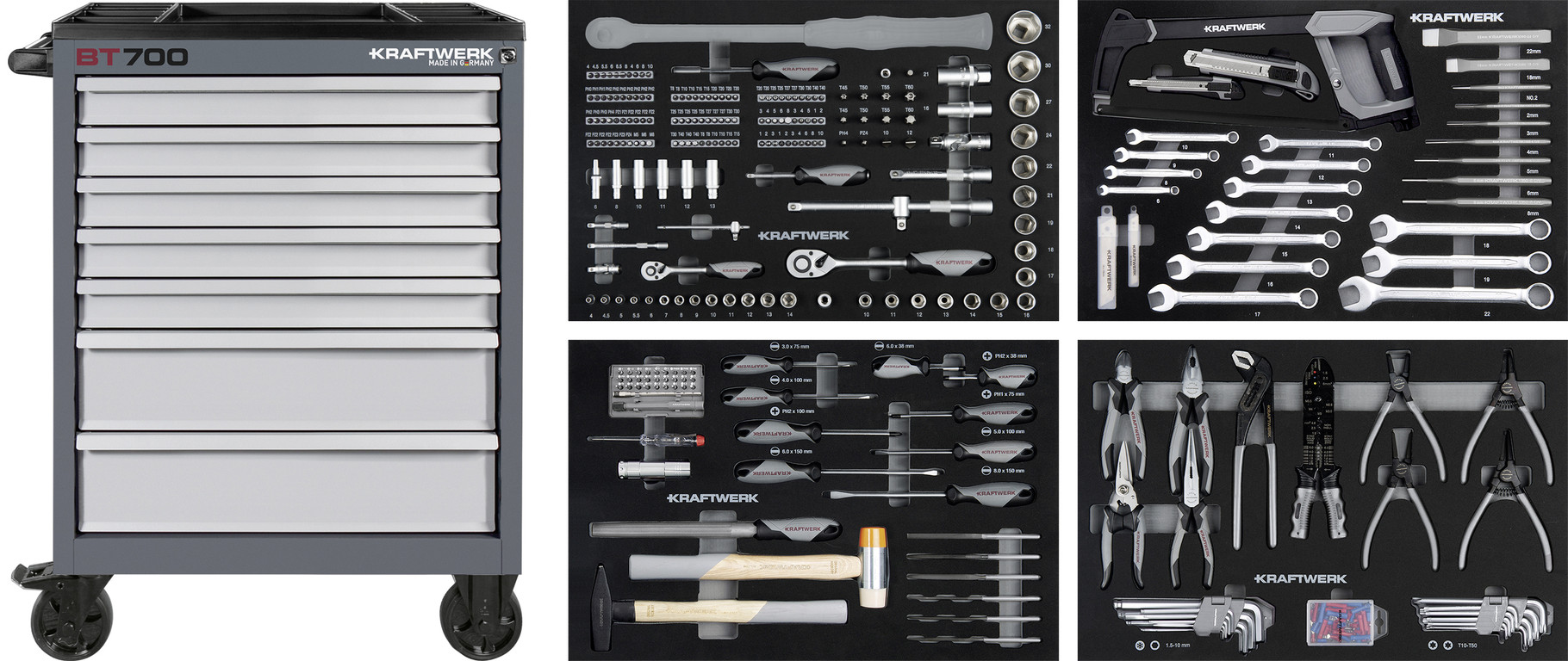 KRAFTWERK BT700 workshop trolley with seven drawers and equipped tool inlays