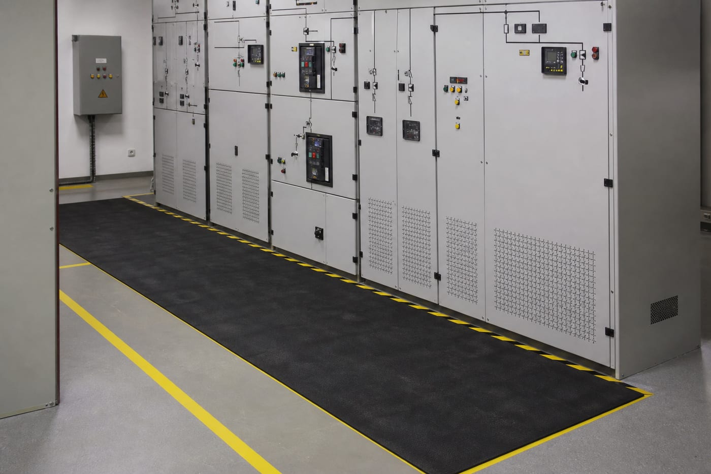 Electrical insulation mat in front of high-voltage switchgear cabinets
