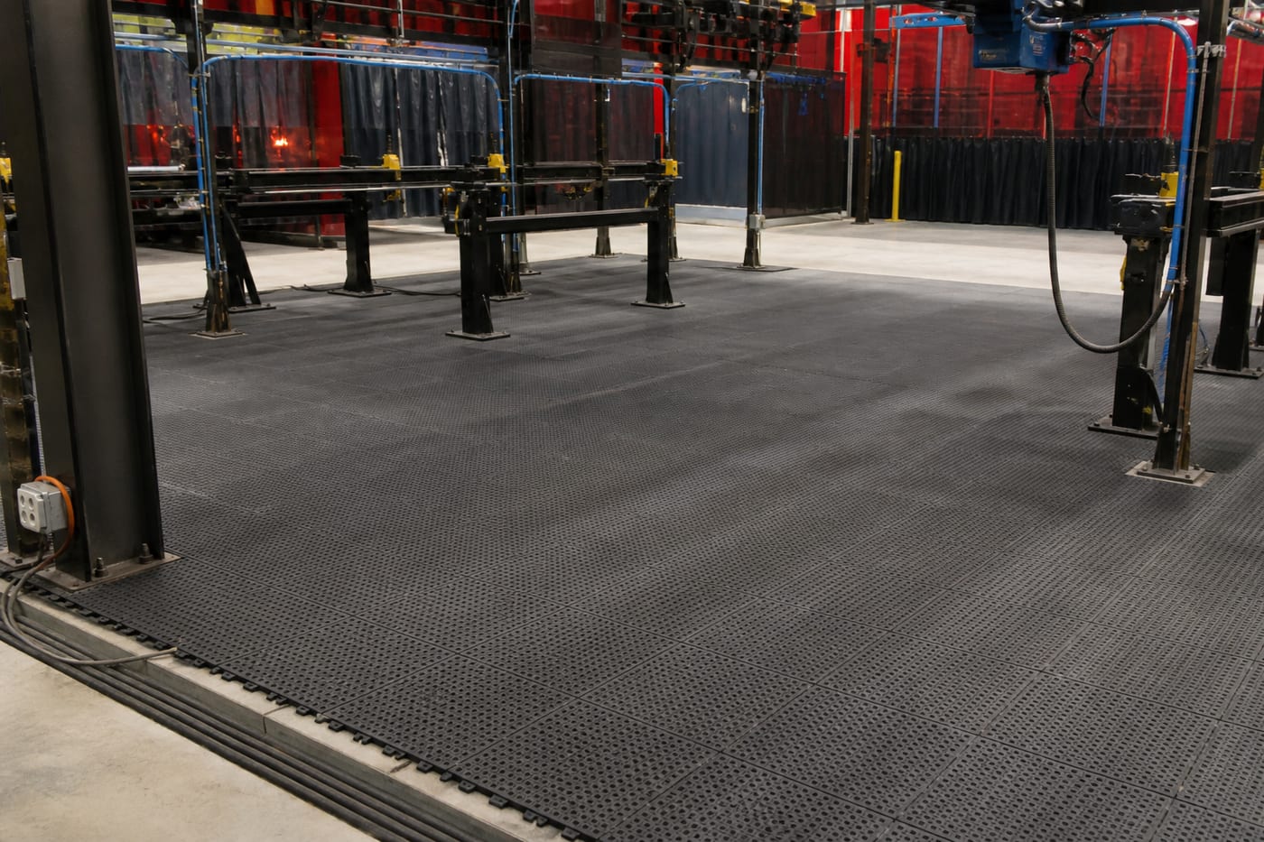 Modular interlocking industrial floor tiles across an empty assembly area