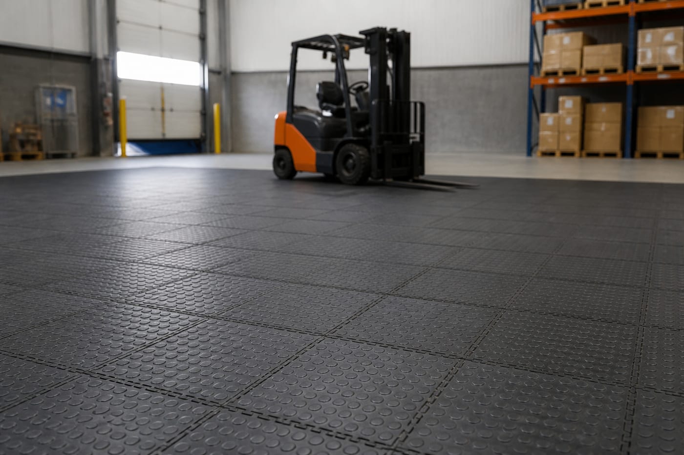 Heavy-duty modular floor tiles in a warehouse loading zone with parked forklift