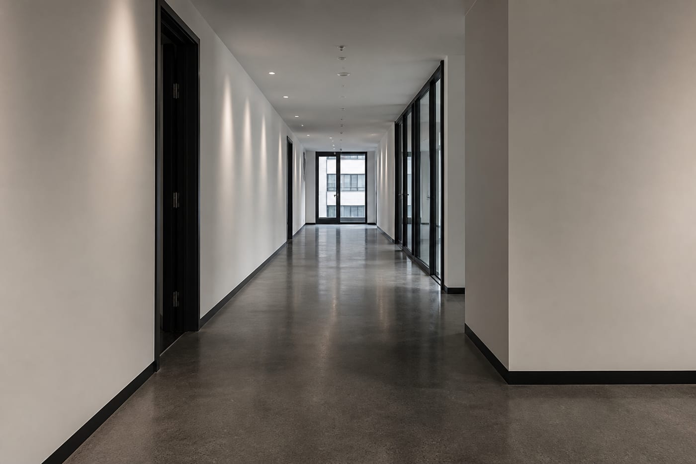 Commercial corridor with durable seamless charcoal concrete floor finish