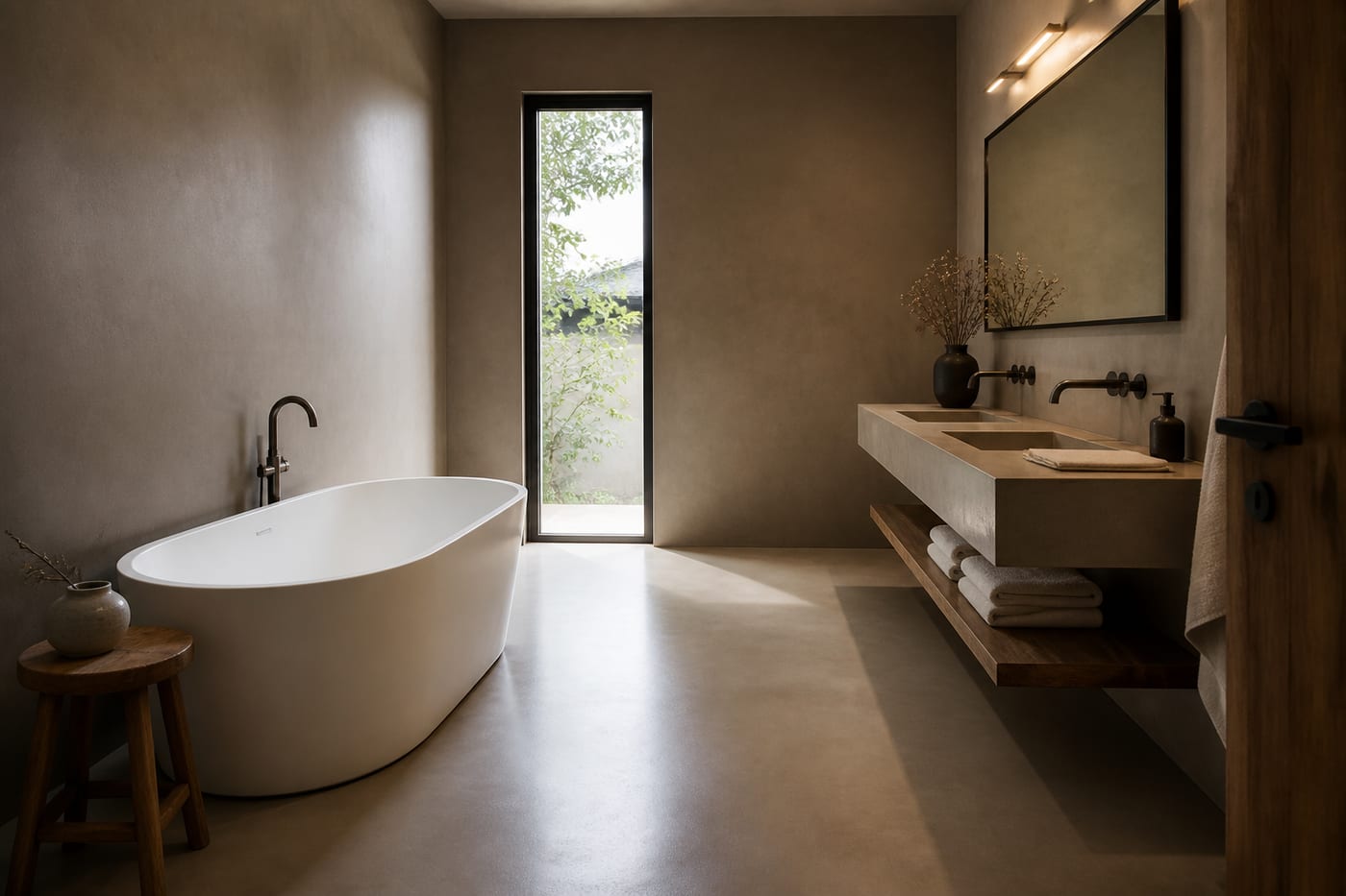 Bathroom with seamless warm taupe microcement floors and walls