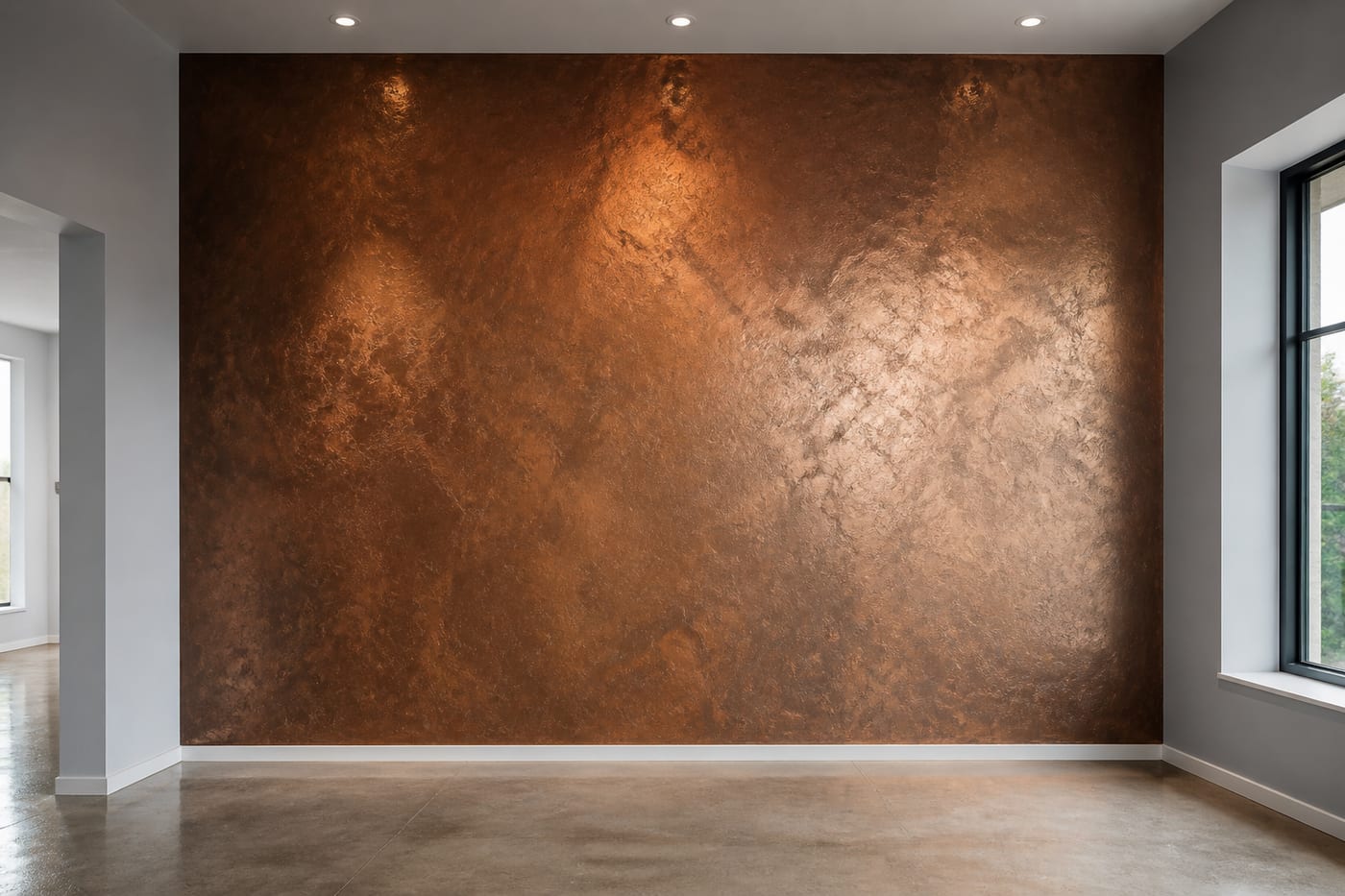 Modern interior statement wall with metallic decorative plaster finish